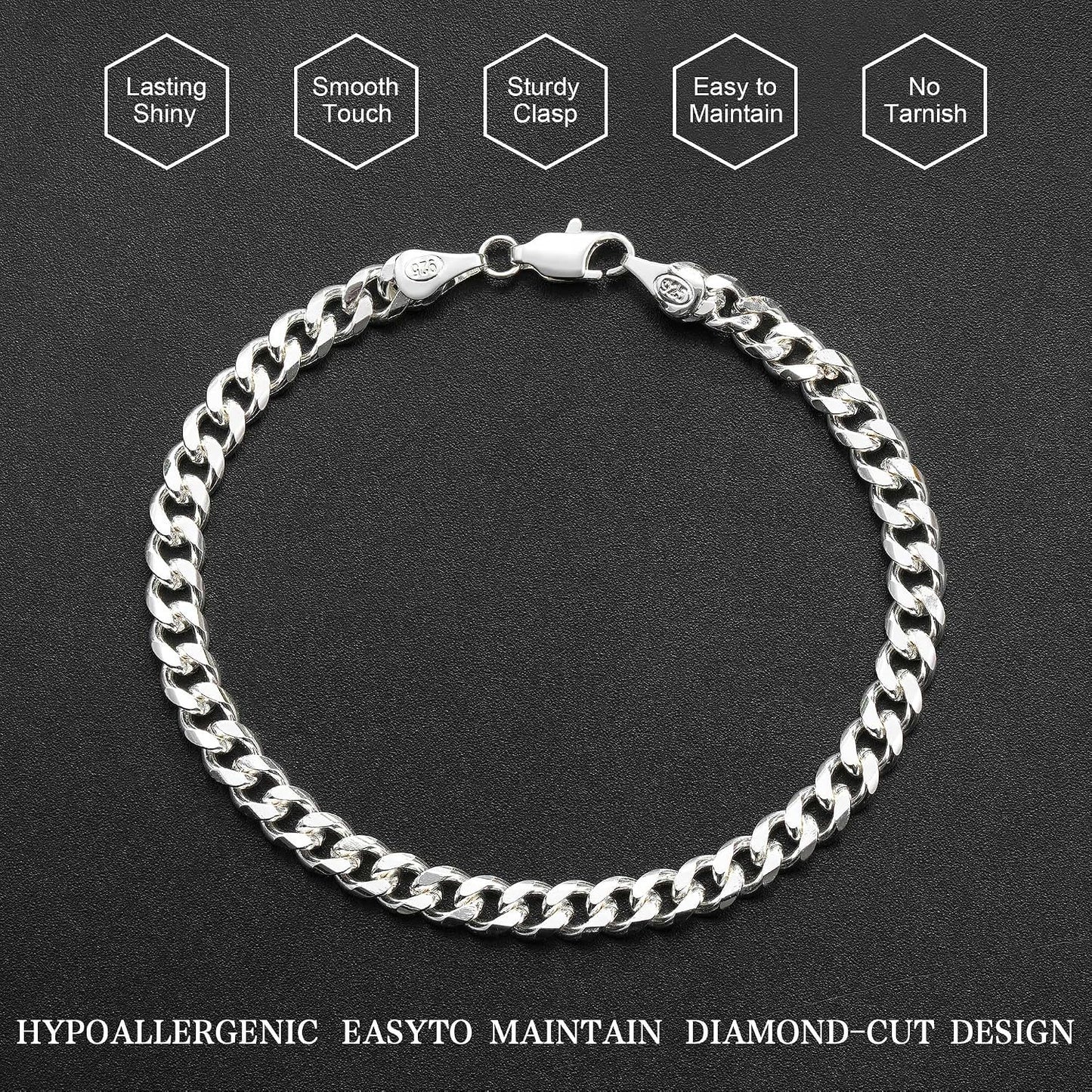 925 Sterling Silver Cuban Link Bracelet for Men, 5MM Cuban Chain Bracelet Diamond Cut 14K Gold Plated Bracelets Gifts for Boyfriends Father Husband