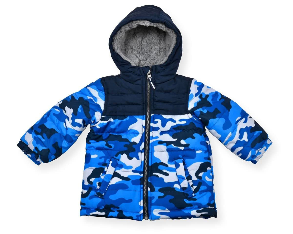 Boys' Bib Snow Pants and Ski Jacket Water-Resistant Snowsuit for Kids Winter Hooded Jacket, Blue Camo, 4
