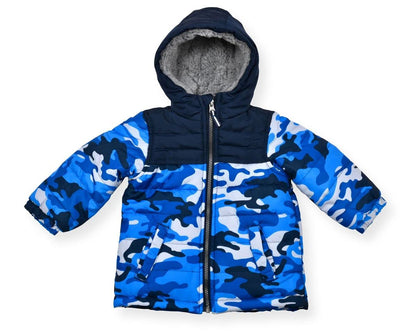 Boys' Bib Snow Pants and Ski Jacket Water-Resistant Snowsuit for Kids Winter Hooded Jacket, Blue Camo, 4