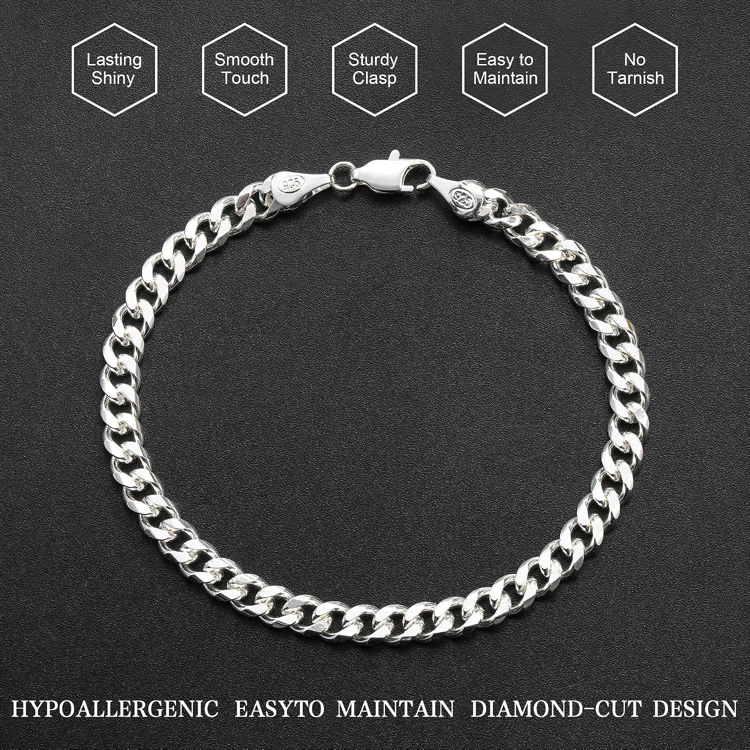 925 Sterling Silver Cuban Link Bracelet for Men, 5MM Cuban Chain Bracelet Diamond Cut 14K Gold Plated Bracelets Gifts for Boyfriends Father Husband