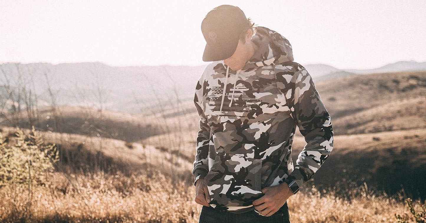 Patriotic Snow Camo Heavyweight Hoodie for Men and Women, Decorated in USA