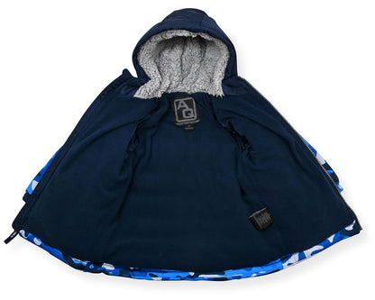 Boys' Bib Snow Pants and Ski Jacket Water-Resistant Snowsuit for Kids Winter Hooded Jacket, Blue Camo, 4