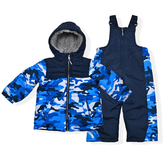 Boys' Bib Snow Pants and Ski Jacket Water-Resistant Snowsuit for Kids Winter Hooded Jacket, Blue Camo, 4